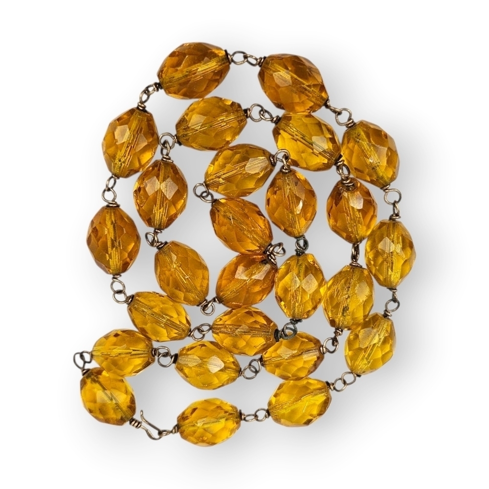 Art Deco Czech Amber Glass Necklaces Beaded Chain Wire Link Vintage 21.75" Long